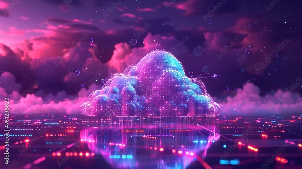Poster a cloud infrastructure setup displaying storage solutions, with data being stored and retrieved