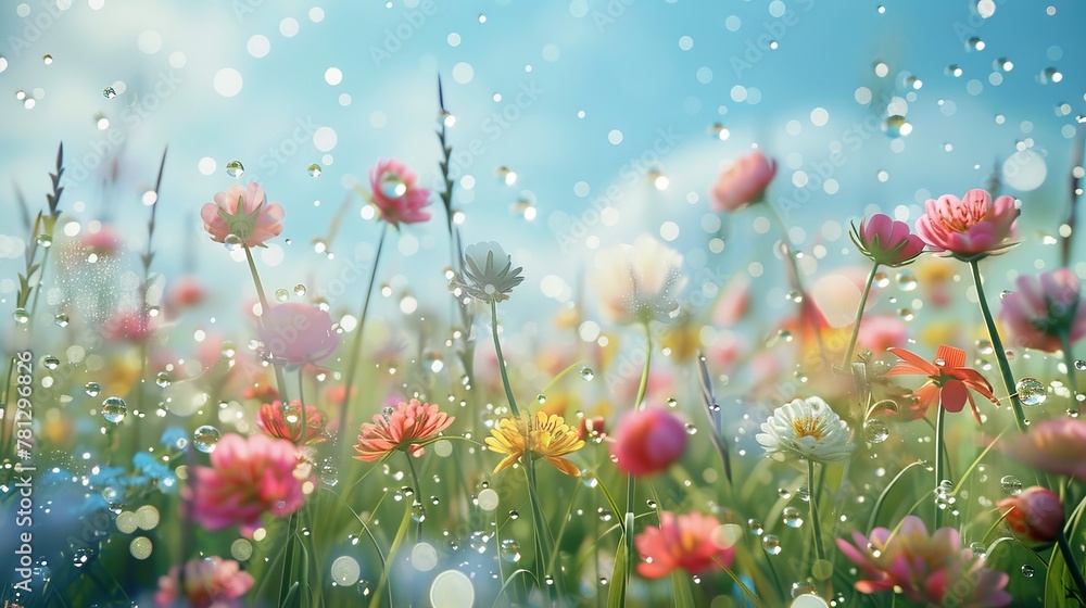Poster 3d rendering of an abstract spring flower landscape scene with water bubbles.