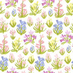 Spring garden flowers hyacinths vector seamless pattern. Vintage romantic bloom design on white background. Floral cottage core print for fabric, scrapbooks, packaging, card making
