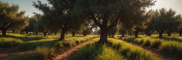 summer time in olive farm fields panoramic wide angle from Generative AI