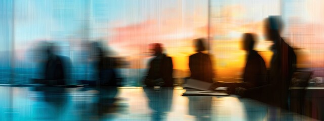 Blurred background of a business meeting or conference room with abstract blurred silhouettes of people and documents on a table, with a motion effect, depicting a copy space concept. - obrazy, fototapety, plakaty