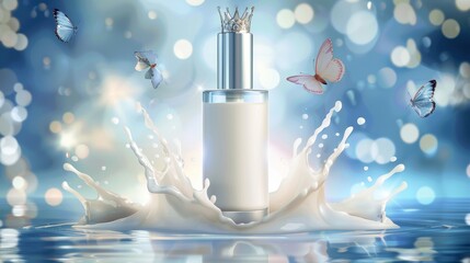 The background has a realistic blurred appearance that shows milk cosmetics. This mock-up promo poster shows white body lotion in a bottle with a silver dispenser in a milk splash, and a crown with - obrazy, fototapety, plakaty