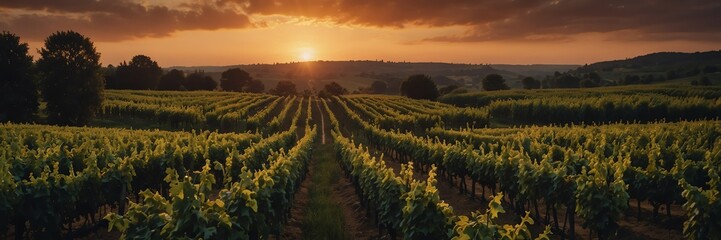 summer time in vineyard sunset panoramic wide angle from Generative AI - obrazy, fototapety, plakaty