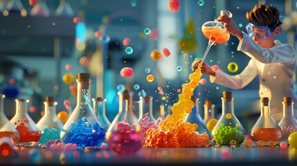 Chemistry: A 3D vector illustration of a scientist pouring colorful liquids into beakers - obrazy, fototapety, plakaty