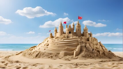 sandcastle sculpture constructed as a broad banner with copy space area during the summer vacation...