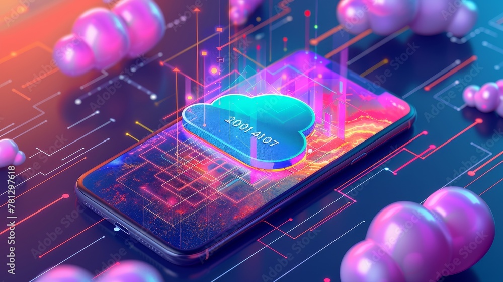 Poster cloud applications: a smartphone showing a saas solution, with a user accessing it on the go