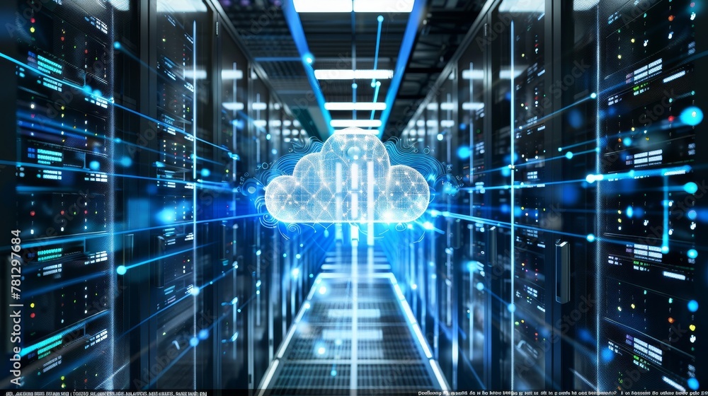 Poster cloud applications: a server room showcasing web services, with a focus on scalability