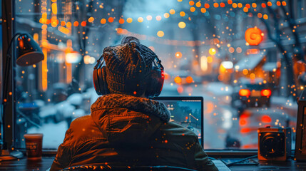 Young man with headphones and laptop sitting on the street in the evening