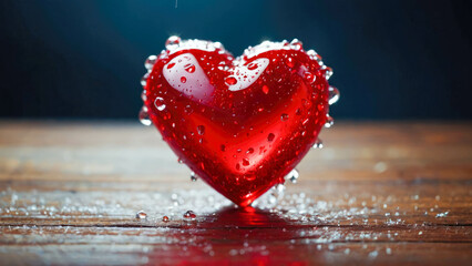 A glistening red heart rests on a wet surface, illuminated against a dark background