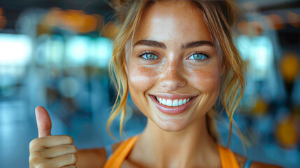 Portrait of smiling sporty woman showing thumbs up in fitness center