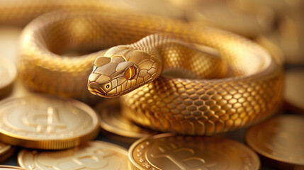 Fototapeta premium A golden snake slithers over a pile of gold coins, symbolizing wealth and temptation.