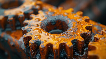 Close-up of rusty metal cogwheels with water drops