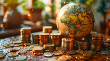 Globe and coins on table in library, closeup. Travel concept
