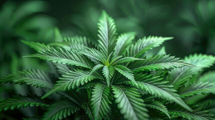 Fototapeta na wymiar Cannabis leaf. Green background. Growing medical marijuana. Indoor cultivation. Marijuana plant