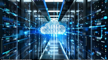 Cloud Applications: A server room showcasing web services, with a focus on scalability