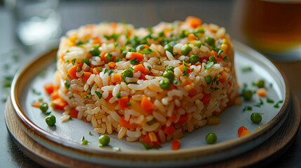 Rice with carrot, green peas and parsley on a plate