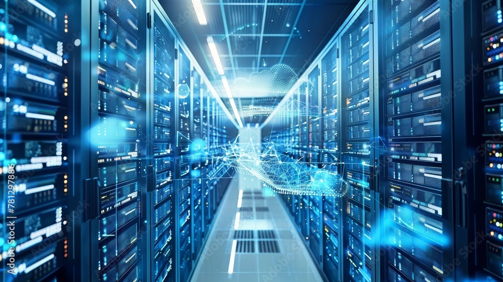 Poster cloud computing: a futuristic data center with rows of servers and high-tech equipment