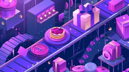 This modern illustration shows the manufacturing process. It shows conveyor belts for cookies assembly, baking, adding jam chocolate, and packaging the products. A purple banner appears at the top of