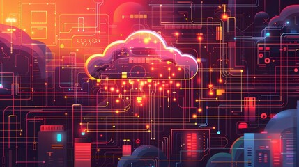 Cloud Computing: A cloud infrastructure illustration with data flowing between servers and devices