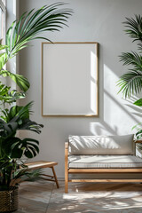 A blank frame mockup on a clean white wall, complemented by lush indoor plants, creating a serene and inviting space for artwork.
