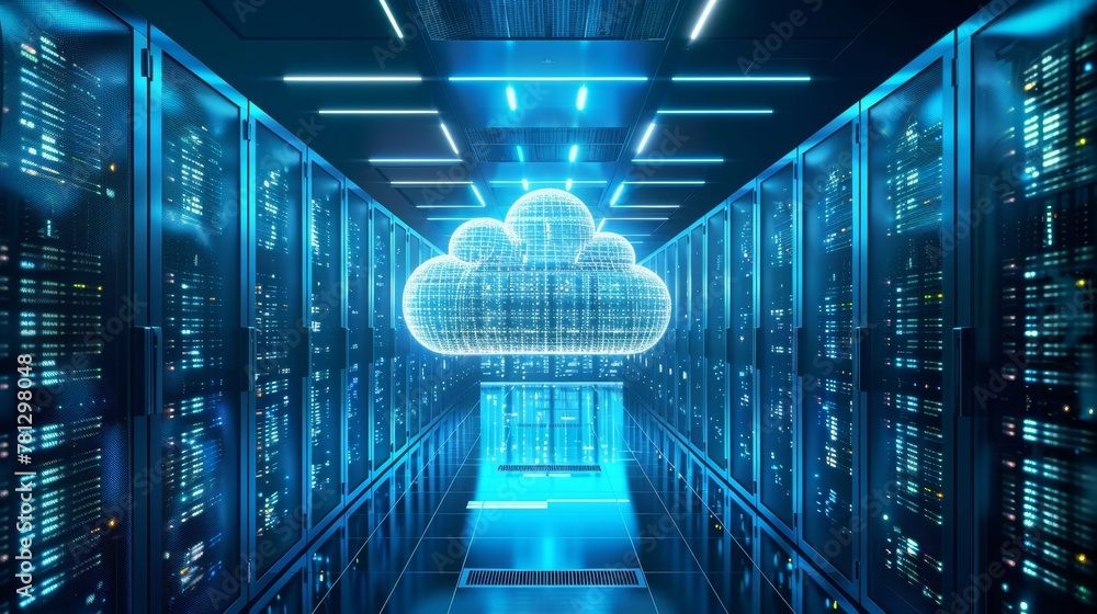 Poster cloud computing with servers in a data center, illustrating the concept of cloud infrastructure
