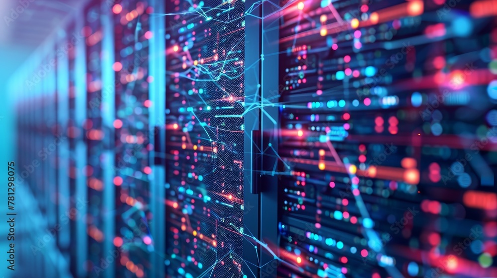 Poster cloud infrastructure demonstrating network capabilities, with data packets being transmitted