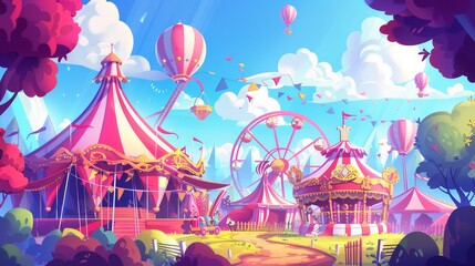 Modern illustration of carnival funfair, amusement park with circus tent, roller coaster, carousel, and ferris wheel. Summer landscape with balloons and attractions.