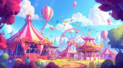 Foto auf Leinwand Modern illustration of carnival funfair, amusement park with circus tent, roller coaster, carousel, and ferris wheel. Summer landscape with balloons and attractions. © Mark
