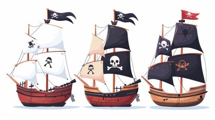 Various sailboats with white, red, and black sails, and pirate ship with black flag, cannons, skull and crossbones on canvas. Vintage wooden galleons isolated on white. - obrazy, fototapety, plakaty