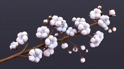 A realistic cotton branch with flowers, a beautiful plant with white blossoms isolated on a transparent background and ripe cotton bolls with soft textures. A 3D modern illustration of natural fluffy