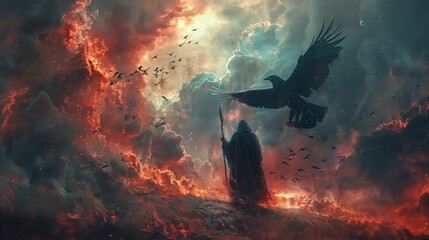 An illustration painting of a fight scene between an archangel and a devil of crows, using digital art as a style