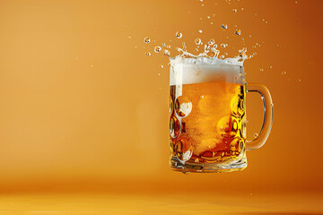 beer in a mug splashing on vibrant background - obrazy, fototapety, plakaty