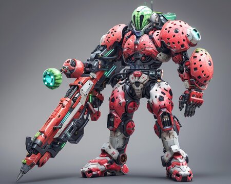 A skilled engineer who designs advanced weaponry for a fierce Cyclops warrior, inspired by watermelon aesthetics