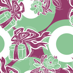 Gift box, ribbon and flowers seamless pattern for wrapping present with bow, party celebration, sale promotion, Textile print, fabric design, banner background. Hand drawn illustration cartoon style.