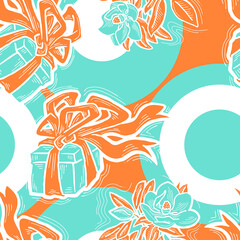 Gift box, ribbon and flowers seamless pattern for wrapping present with bow, party celebration, sale promotion, Textile print, fabric design, banner background. Hand drawn illustration cartoon style.