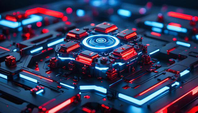 Technik Hintergrund Vorlage f&uuml;r technische Daten Analyse &Uuml;berwachung Computer Chip Design Makro Prozessor Hardware Mikrochip Leiter Bauteile Platine hoch modern in blau rot leuchtend flie&szlig;ende Str&ouml;me