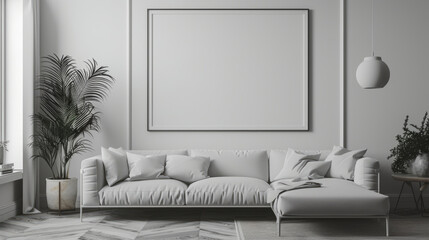 Sleek photo frame mockup in a minimal modern room, featuring clean lines, contemporary furniture, and a monochromatic color scheme for a sophisticated look. - obrazy, fototapety, plakaty