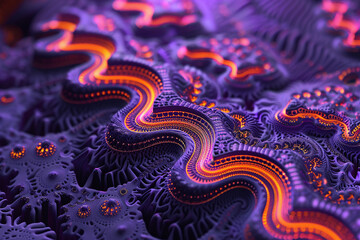 Neon Glow Intricate Fractal Waves in a Sea of Purple and Orange