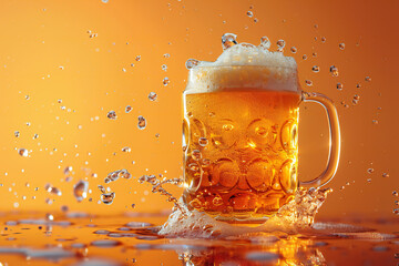 beer in a mug splashing on vibrant background - obrazy, fototapety, plakaty