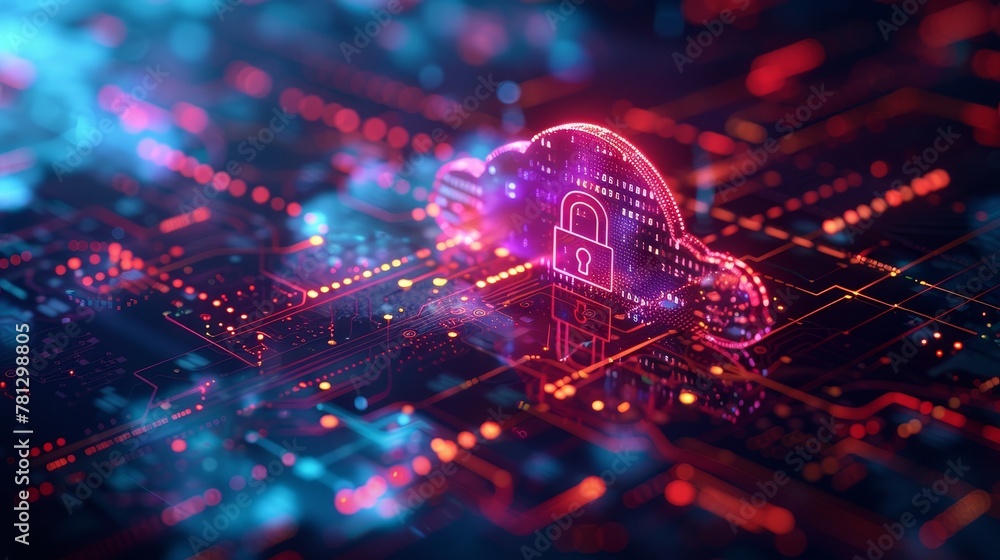 Poster cloud storage: a cloud icon with a digital lock, symbolizing secure data storage