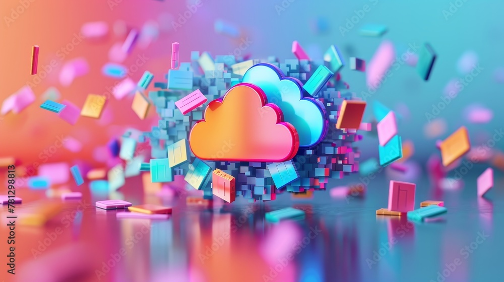 Poster cloud storage: a cloud storage icon surrounded by floating files and folders