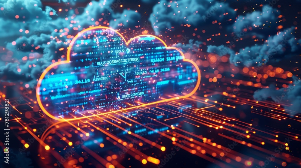 Poster cloud storage: a cloud server with data streams flowing into it, representing data backup