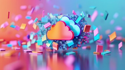 Cloud Storage: A cloud storage icon surrounded by floating files and folders - obrazy, fototapety, plakaty