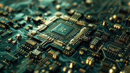 Close-up view of an intricate microchip with detailed gold and silver circuitry on a green printed circuit board