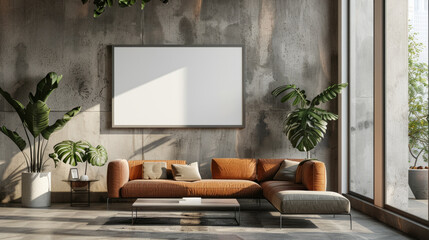 A modern room featuring a blank photo frame mockup on a sleek wall, with minimalist design and contemporary furniture.