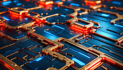 Technik Hintergrund Vorlage für technische Daten Analyse Überwachung Computer Chip Design Makro Prozessor Hardware Mikrochip Leiter Bauteile Platine modern in blau rot gold leuchtend fließende Ströme - obrazy, fototapety, plakaty