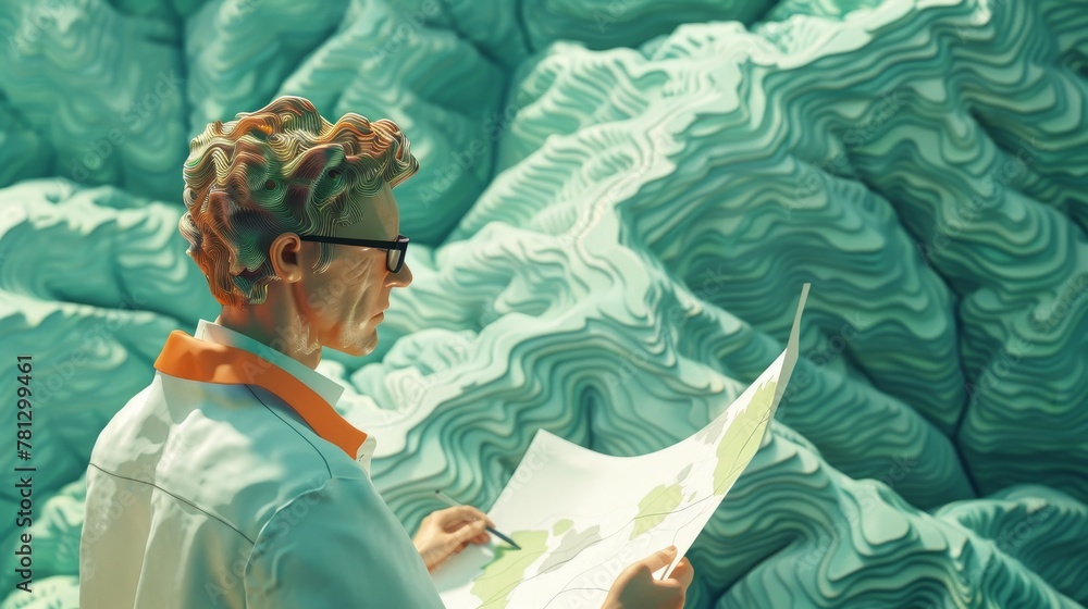 Poster environmental science: a 3d vector illustration of a scientist studying a map of deforestation patte