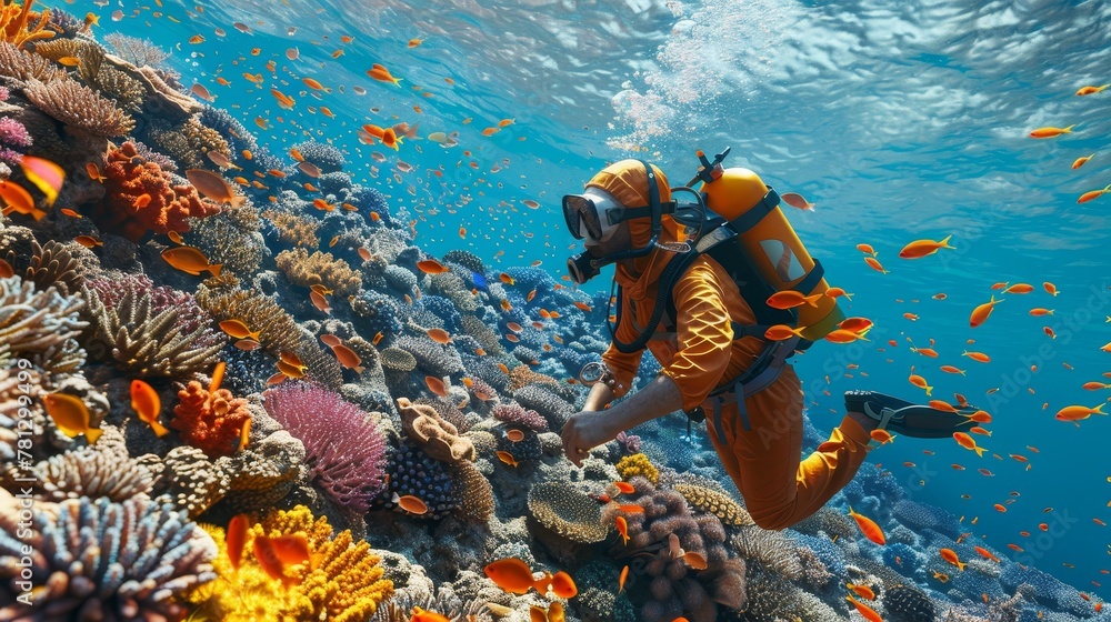 Poster environmental science: a 3d vector illustration of a scientist studying the impact of pollution on a
