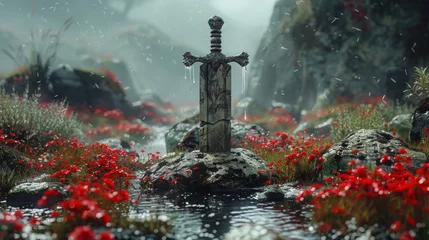 Fotobehang An illustration with a 3D digital sword in the stone © Антон Сальников