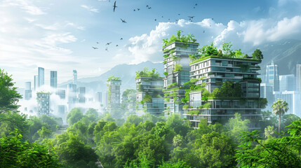 An artistic depiction of a city designed to promote eco-friendliness and sustainability through environmentally-conscious buildings and lush green spaces.